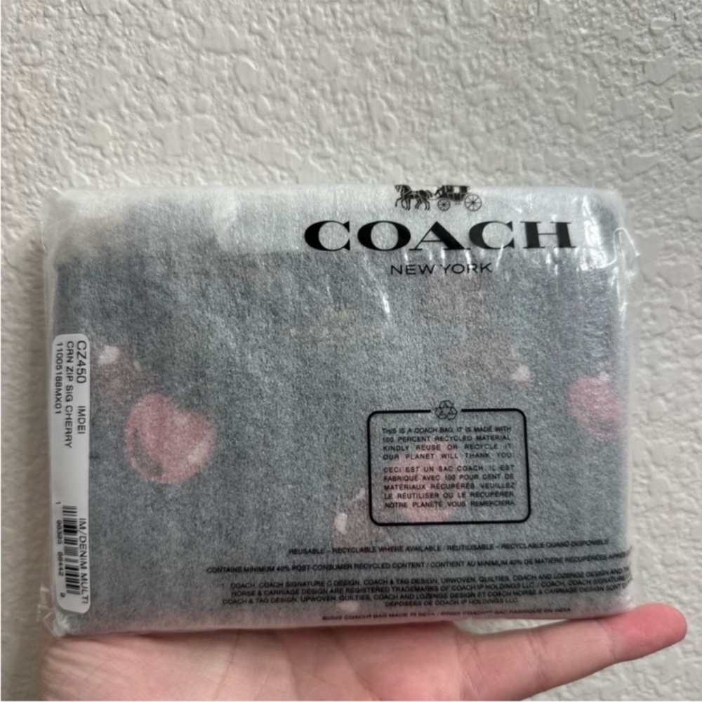 Coach Blue and Pink Signature Cherry Corner Zip Denim Wristlet NWT - Picture 4 of 7